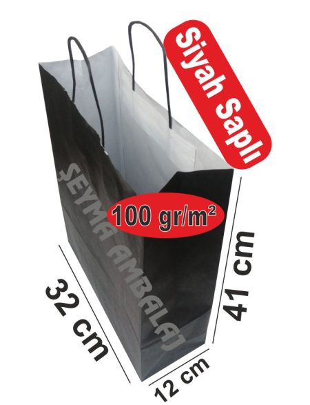 Siyah saplı siyah renk beyaz kraft poşet  32x41x12cm